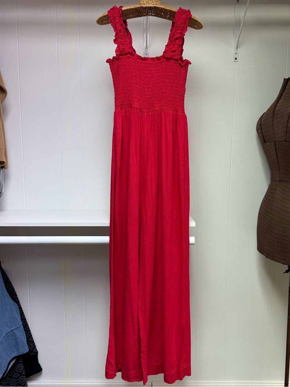 Draper James Linen Blend Red Sleeveless Wide-Leg Smocked Bodice Jumpsuit Size M